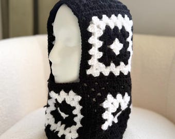 Black and White Crochet Balaclava, Granny Square Balaclava, Unisex Balaclava, Ski Mask, Fashion Balaclava, Trendy Hat