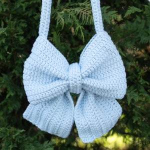 Handmade Blue Crochet Bow Bag - Coquette Shoulder Bag, Girl Bow Bag, Crochet Bow Bag, Crochet Shoulder Purse, Knit Shoulder Bag, Crochet Bag