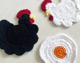 Handmade Chicken Crochet Coaster Set - Crochet Coasters, Mother's Day Gift, Farmstead Gift, Fried Egg Gift, Farmstead Home Decor