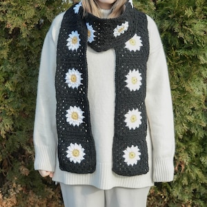 Handcrafted Crochet Long Floral Granny Square Scarf, Boho Scarf, Granny Square, Vintage Scarf, Womens Scarf, Crochet Gift for Her