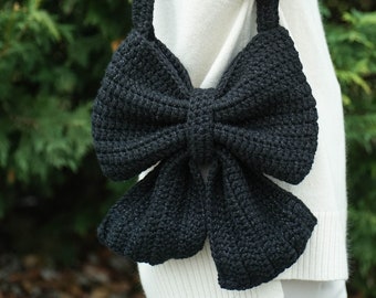 Black Crochet Bow Bag - Coquette Shoulder Bag, Girl Bow Bag, Crochet Shoulder Purse, Knit Shoulder Bag, Coquette Bag, Handmade Bow Bag