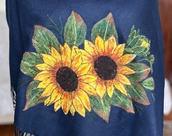 Navy Dry Needle Felt Shawl Sunflower with Fringe- Mothers Day Gift, Dry Felting, Embroidered Scarf, Floral Scarf, Gift for Mom, Shawl Gift