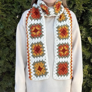 Handcrafted Crochet Colorful Granny Square Scarf, Boho Scarf, Granny Squares, Monochrome Scarf, Womens Scarf, Crochet Gift for Her