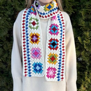 Handcrafted Crochet Colorful Granny Square Scarf, Boho Scarf, Granny Squares, Monochrome Scarf, Womens Scarf, Crochet Gift for Her