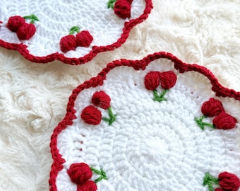 Handmade Crochet Cherry Coasters - Cherry Decor, Cherry Home Decor, Cherry Crochet, Cherry Drinkware, Knit Coasters