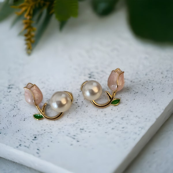 Puces d'oreilles en perles d'or rose, boucles d'oreilles en perles de fleurs, cadeau breloque fleur, boucles d'oreilles en perles d'or, bijoux en perles faits main pour elle, cadeau pour maman