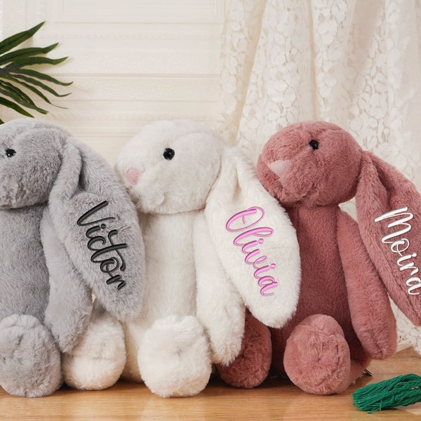 Conejo de Pascua personalizado, conejito monograma, conejito bordado personalizado, juguete de conejito de felpa, regalo de bebé recién nacido, animal de peluche, conejo esponjoso