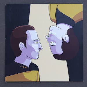 May include: A black and white illustration of two men facing each other. The man on the left is wearing a yellow and black uniform with a gold badge. The man on the right is wearing a yellow and black uniform and is upside down.