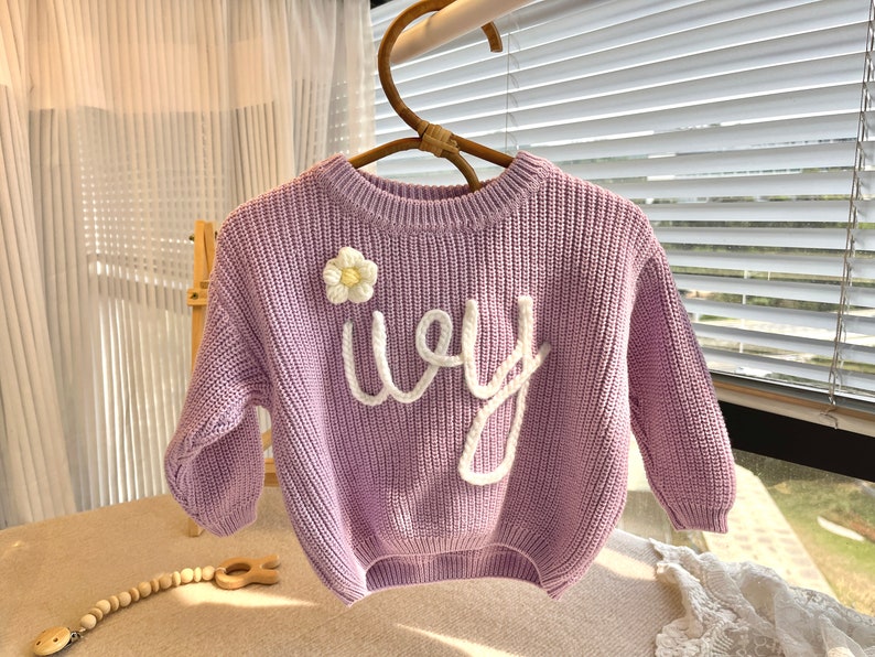 Personalized Hand embroidered Name, Custom Name Baby Sweater, Custome Baby Name Monogram, Adorable Gift from Auntie for Your Little one image 2