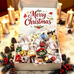 May include: A white cardboard gift box with the text Merry Christmas printed on the inside lid. The box is filled with various small items in clear plastic bags, including colourful bows, a miniature Rubik's cube, and small holiday ornaments.