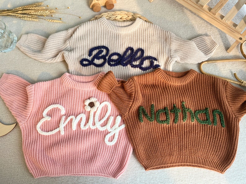 Personalized Hand embroidered Name, Custom Name Baby Sweater, Custome Baby Name Monogram, Adorable Gift from Auntie for Your Little one image 4