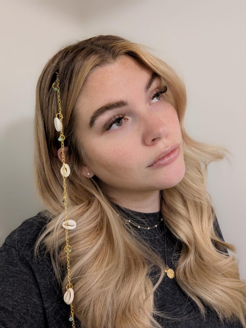 Head Chain W Shell Cowry Shell Hair Chain, Gold Headpiece With Green Accents, Beachy Hair ...