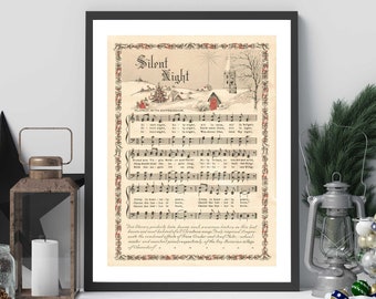 Silent Night Illustrated 8x10 Sheet Music Print Christmas Wall Art Holiday Home Decor