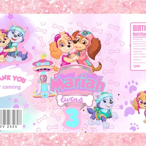 Könnte beinhalten: Eine rosa und lila Geburtstagsparty-Tüte mit Zeichentrickfiguren. Die Tüte enthält den Namen "Mariah" und die Zahl "3", mit den Worten "twins" und "Thank you for coming". Die Tüte hat auch einen Barcode und das Datum "NOV 2025".
