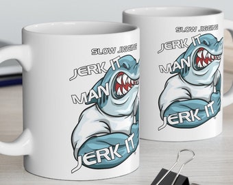 Slow jig fishing, fun MUG, Jerk It Man. Ideal gift for fisherman, fish angler.