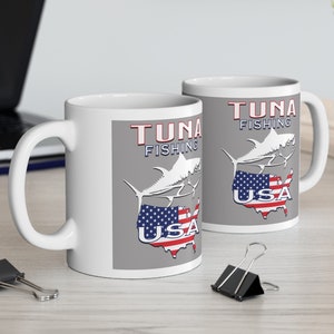 Tuna Fishing USA Design Mug, Ideal gift for fish angler fisherman / fisherwoman angling enthusiast. 11oz White Mug.