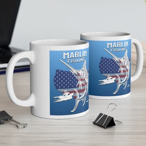 Marlin Fishing USA Design Mug, Ideal gift for fish angler fisherman / fisherwoman angling enthusiast. 11oz White Mug.