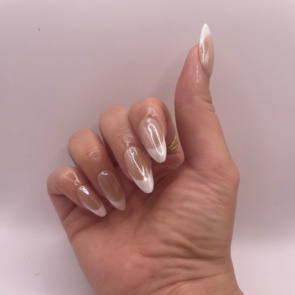 GLAZED FRENCH | Celebrity Nails | Glossy | Handpainted press on nails | Stiletto Oval Almond Square Coffin | Long Medium Short