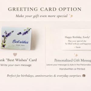 May include: An image showcasing two greeting card options. One is a blank card with lavender sprigs and the text "Best wishes for you." The other is a personalized card with a birthday message. The image includes text about personalization.