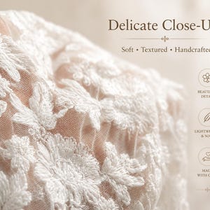 May include: Close-up of white lace fabric with floral embroidery. The text reads "Delicate Close-Up", "Soft, Textured, Handcrafted", "Beautiful Detail", "Lightweight & Soft", and "Made with Care". The lace has a delicate, textured appearance.