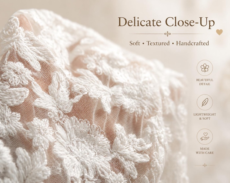 May include: Close-up of white lace fabric with floral embroidery. The text reads "Delicate Close-Up", "Soft, Textured, Handcrafted", "Beautiful Detail", "Lightweight & Soft", and "Made with Care". The lace has a delicate, textured appearance.