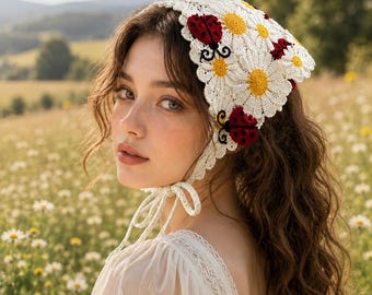 Daisy Ladybug Crochet Headscarf, Cottagecore Floral Bandana Hair Scarf,Handmade Boho Head Wrap, Garden Gift for Her Mom Sister Wife Gardener