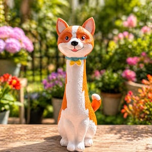May include: A whimsical, orange and white dog statue with a yellow bow tie. The dog has a smiling face and is sitting upright. The statue is made of a durable material and is suitable for outdoor display. The background features a garden setting.