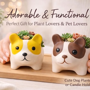 May include: Two ceramic dog-shaped planters, one with yellow ears and the other with brown ears, each holding succulents. The planters sit on a wooden tray. Text reads "Adorable & Functional" and "Cute Dog Planter or Candle Holder."