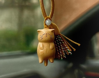 Adorable handcrafted wooden cat charm set featuring Sleepy Happy Cat keychain bag charm thoughtful gift for cat lover Natural Wood Car Decor