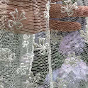 May include: Close-up of white lace fabric with a delicate floral pattern. The lace is sheer, allowing a blurred background to be visible. The floral design is repeated across the fabric, creating a textured effect. The lace is likely used for clothing or home decor.