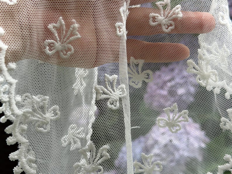 May include: Close-up of white lace fabric with a delicate floral pattern. The lace is sheer, allowing a blurred background to be visible. The floral design is repeated across the fabric, creating a textured effect. The lace is likely used for clothing or home decor.