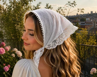 Cottagecore Lace Headscarf,Gingham Ruffle Headband,Romantic Hair Scarf,Coquette Headscarf,Vintage Prairie Hair Accessory Gift Her Wife Mom