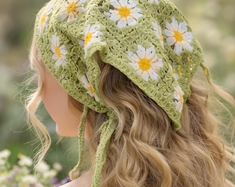 Crochet Headscarf Floral Bandana Cottagecore Hair Scarf Handmade Boho Head Wrap Vintage Hair Accessory Spring Gift Her Wife Women Mom Sister