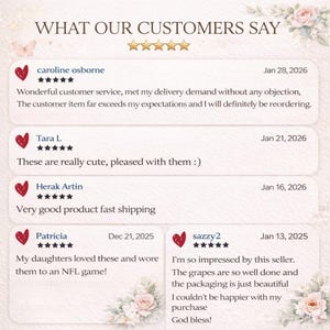 May include: A graphic with the text "WHAT OUR CUSTOMERS SAY" and customer reviews. The reviews include star ratings, dates, and comments about customer service, product quality, and satisfaction. Floral and butterfly accents are also present.