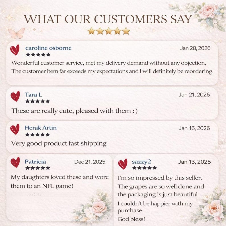 May include: A graphic with the text "WHAT OUR CUSTOMERS SAY" and customer reviews. The reviews include star ratings, dates, and comments about customer service, product quality, and satisfaction. Floral and butterfly accents are also present.