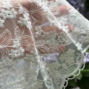 May include: Close-up of white floral lace fabric. The delicate lace features embroidered flowers and leaves, with a scalloped edge. The fabric is held up, allowing light to pass through, highlighting the intricate details and texture.