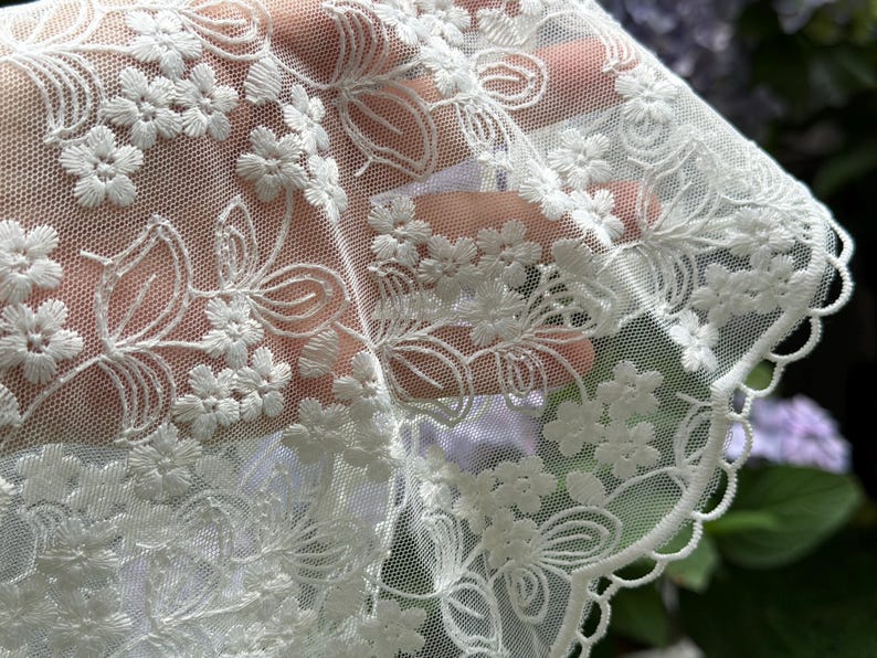 May include: Close-up of white floral lace fabric. The delicate lace features embroidered flowers and leaves, with a scalloped edge. The fabric is held up, allowing light to pass through, highlighting the intricate details and texture.