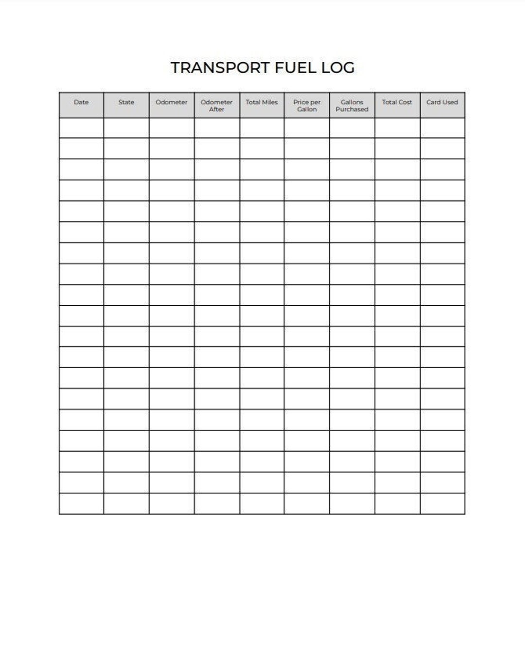 Fuel Log Sheet for Business, Transportation, or Cargo Vehicles to Keep