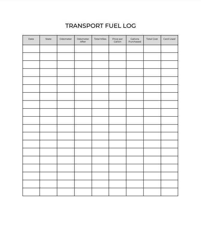 Fuel Log Sheet for Business, Transportation, or Cargo Vehicles to Keep Track of Fuel and Fuel