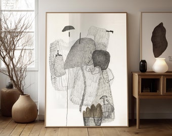 Abstracte kunst aan de muur. Neutrale abstracte print met krabbels. Handgetekende abstracte vormen. Moderne krabbelkunst. Afdrukbare, unieke prints.