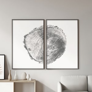 Set of two prints. Woodcut, tree cut modern wall art. Tree rings, tree stump black and white design.