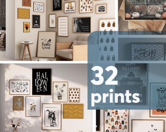 May include: A set of 32 printable Halloween-themed wall art prints. The prints feature various designs, including pumpkins, bats, witches, and spooky houses. The prints are perfect for decorating your home for the Halloween season.