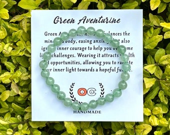 Pulsera GREEN AVENTURINE, pulsera de cristal curativo de buena suerte, pulsera de piedras preciosas hecha a mano, chakra, atrae riqueza y oportunidades, 6 mm 6,5"