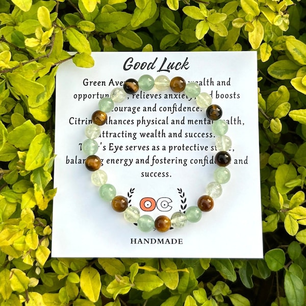 GOOD LUCK Bracelet, Handmade Crystal Gemstone Bracelet, Citrine, Tiger's Eye, Green Aventurine, Chakra, Healing, Wealth, Success, 6mm 6.5"