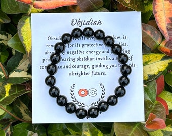 Pulsera OBSIDIAN, pulsera de piedras preciosas hecha a mano, cristal curativo, pulsera de conexión a tierra de protección elástica de cuentas redondas de 8 mm para la ansiedad negativa