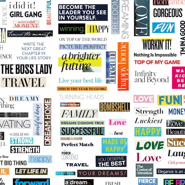 100 Real Magazine Words Cutouts | Printable Vision Board Words | Vision Board Kit | Magazine Clippings