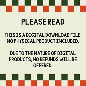 Op de afbeelding: Een melding voor een digitaal downloadbestand met een groene en oranje geruite rand. De tekst luidt: "LEES AUB DIT IS EEN DIGITALE DOWNLOADBESTAND, GEEN FY SIEK PRODUCT INBEGREPEN. VANWEGE DE AARD VAN DIGITALE PRODUCTEN WORDEN GEEN TERUGBETALINGEN AANGEBODEN."