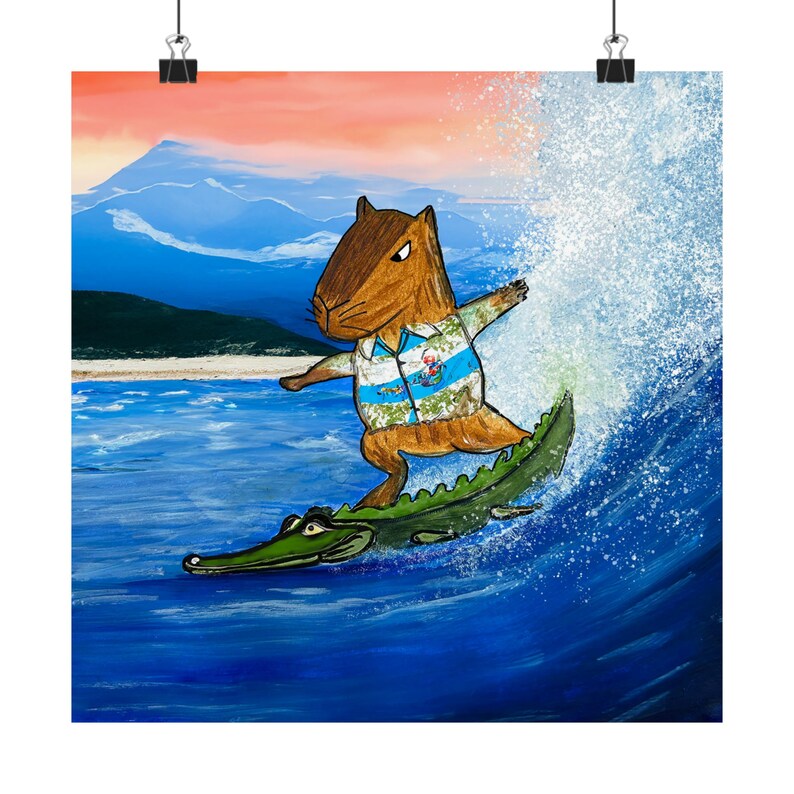 Capybara Surfing a Crocodile - Print - Etsy