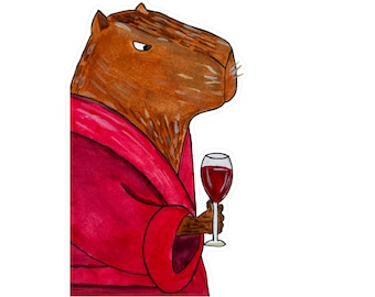ETIQUETA de capivara segurando taça de vinho