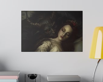 May include: Canvas art print depicting a woman asleep, with long red hair and a floral crown, embraced by a dark, horned figure. The artwork features a gothic theme with a focus on the contrast between light and shadow.